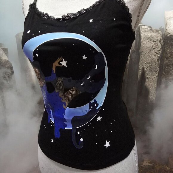 Grave Girls Witch Moon Tank – Black Lace Trim Spaghetti Strap Top | Deadstock S - Picture 4 of 7
